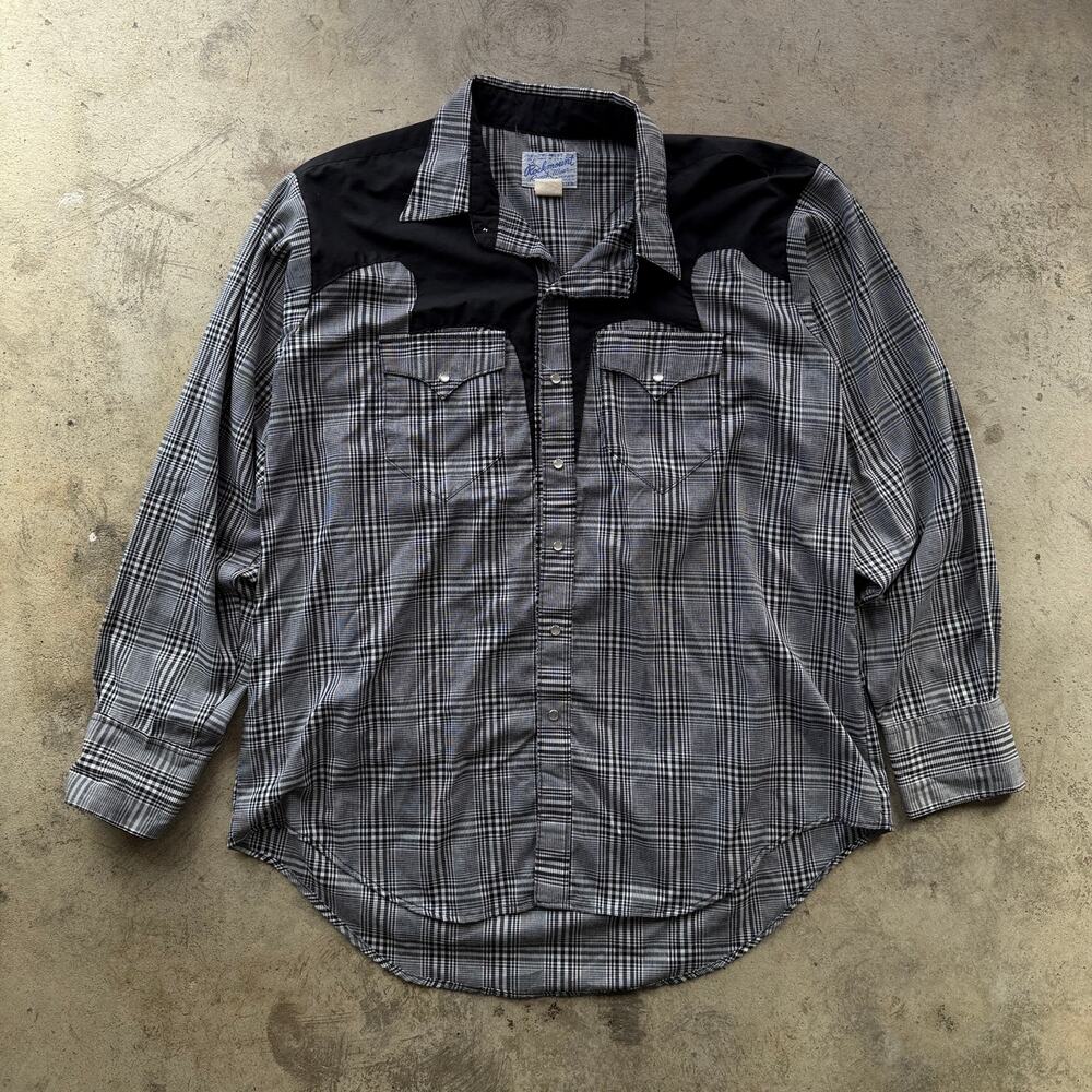 Vintage 70s Rockmount Ranch Wear Western pearl snap Shirt Black White Plaid